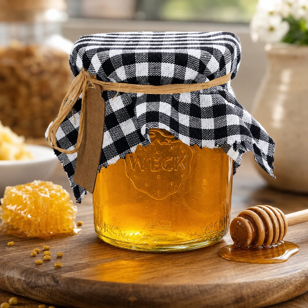 Pain au miel avec napperon décoratif à carreaux sur bocal et rayon de miel sur planche en bois Décoration de cuisine rustique