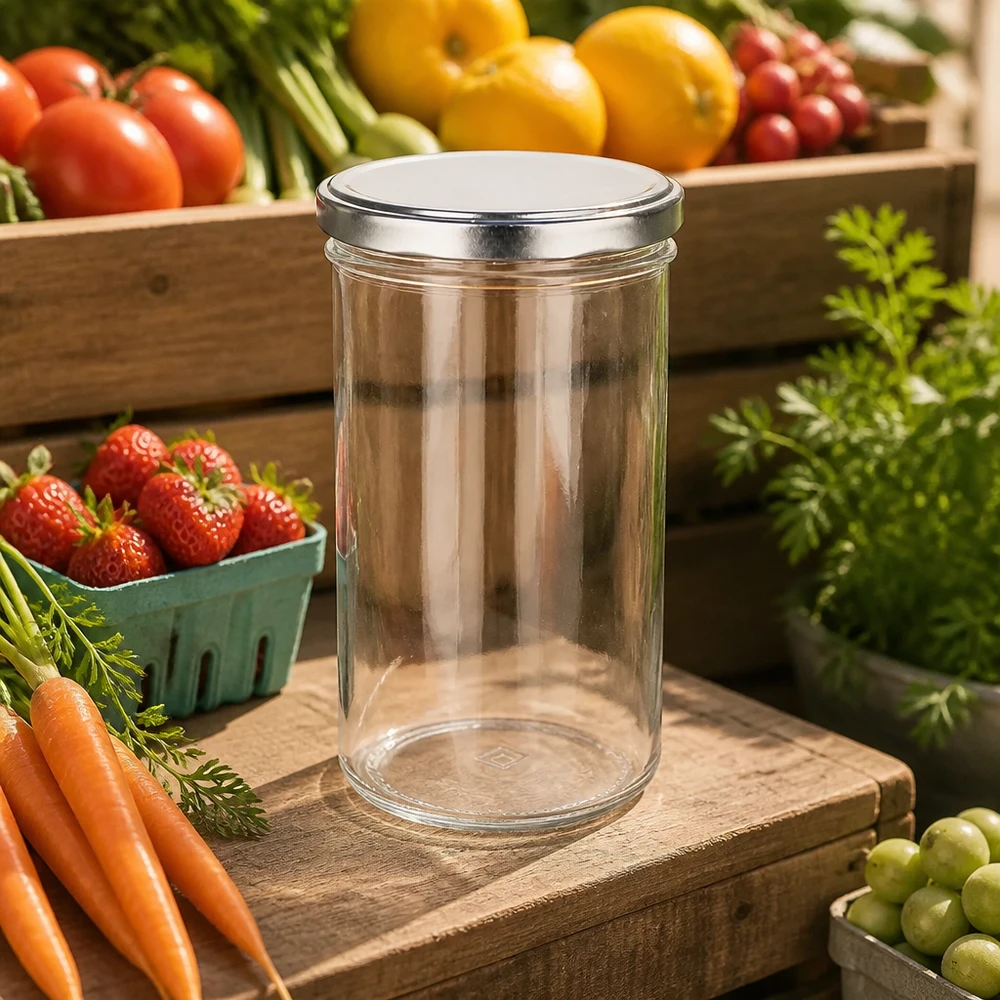 230ml Verre conique avec couvercle BasicSeal argent UNiTWIST 277ml pot avec couvercle BasicSeal argenté entre les fruits et légumes frais environnement naturel de cuisine