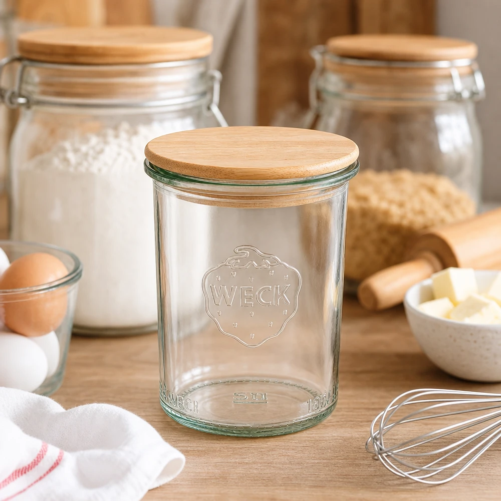 WECK Verre renversé 160ml RR60 avec couvercle en bois dans une cuisine rustique entre les ingrédients de cuisson et les ustensiles de cuisine