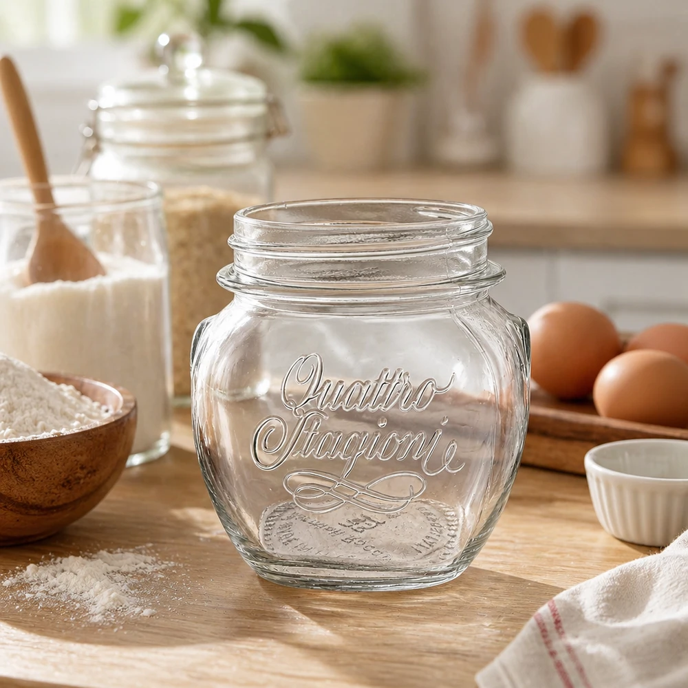 300ml Quattro Stagioni Verre de ménage sur planche en bois dans une cuisine rustique avec des ingrédients de cuisson et des œufs