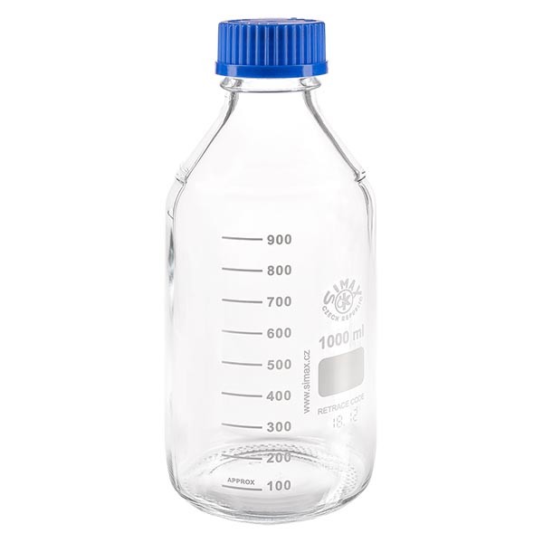 Bouteille à vis de laboratoire 1000 ml + bouchon bleu + bague Bouteille à vis de laboratoire 1000 ml + bouchon bleu + bague
