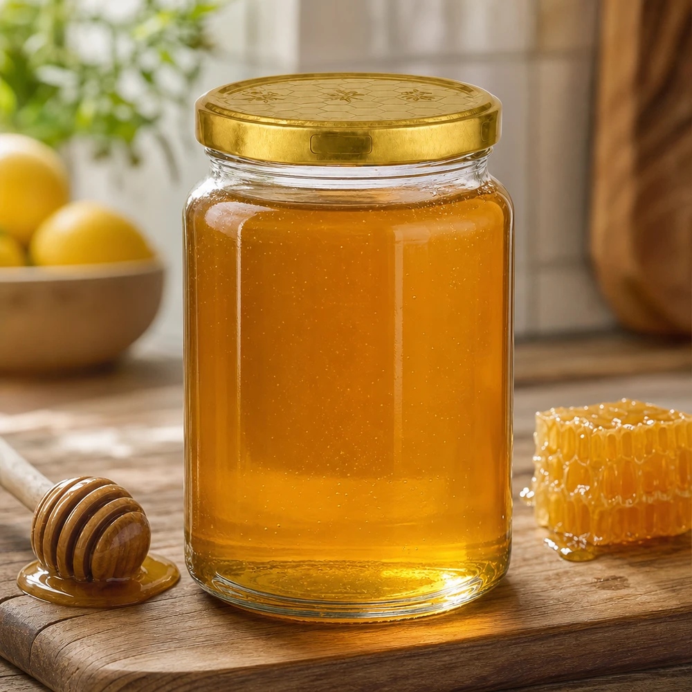 795ml Verre rond avec couvercle BasicSeal nid d'abeilles UNiTWIST Pot rond de 795 ml rempli de miel à côté d'un nid d'abeille et d'une cuillère à miel sur une planche en bois dans une atmosphère chaleureuse de cuisine