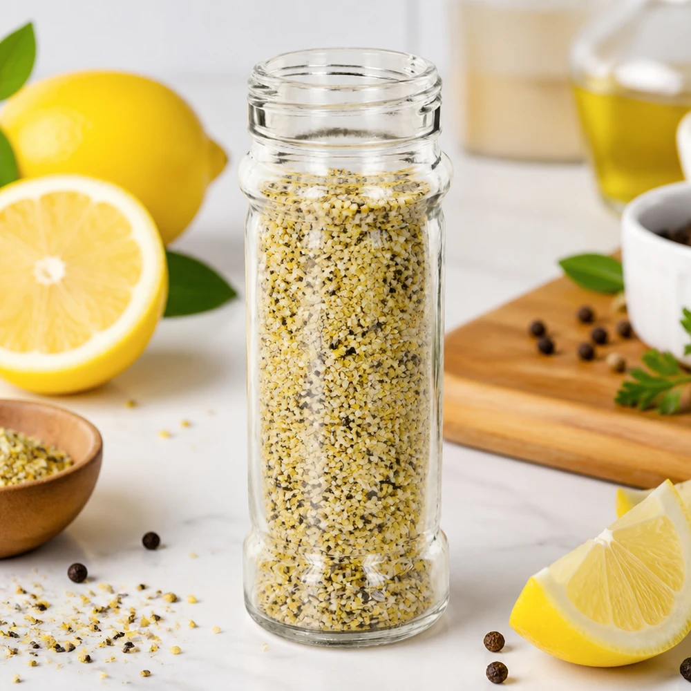 Pot à épices « Mary » de 100 ml rempli de poivre au citron, à côté de citrons frais et de poivre noir