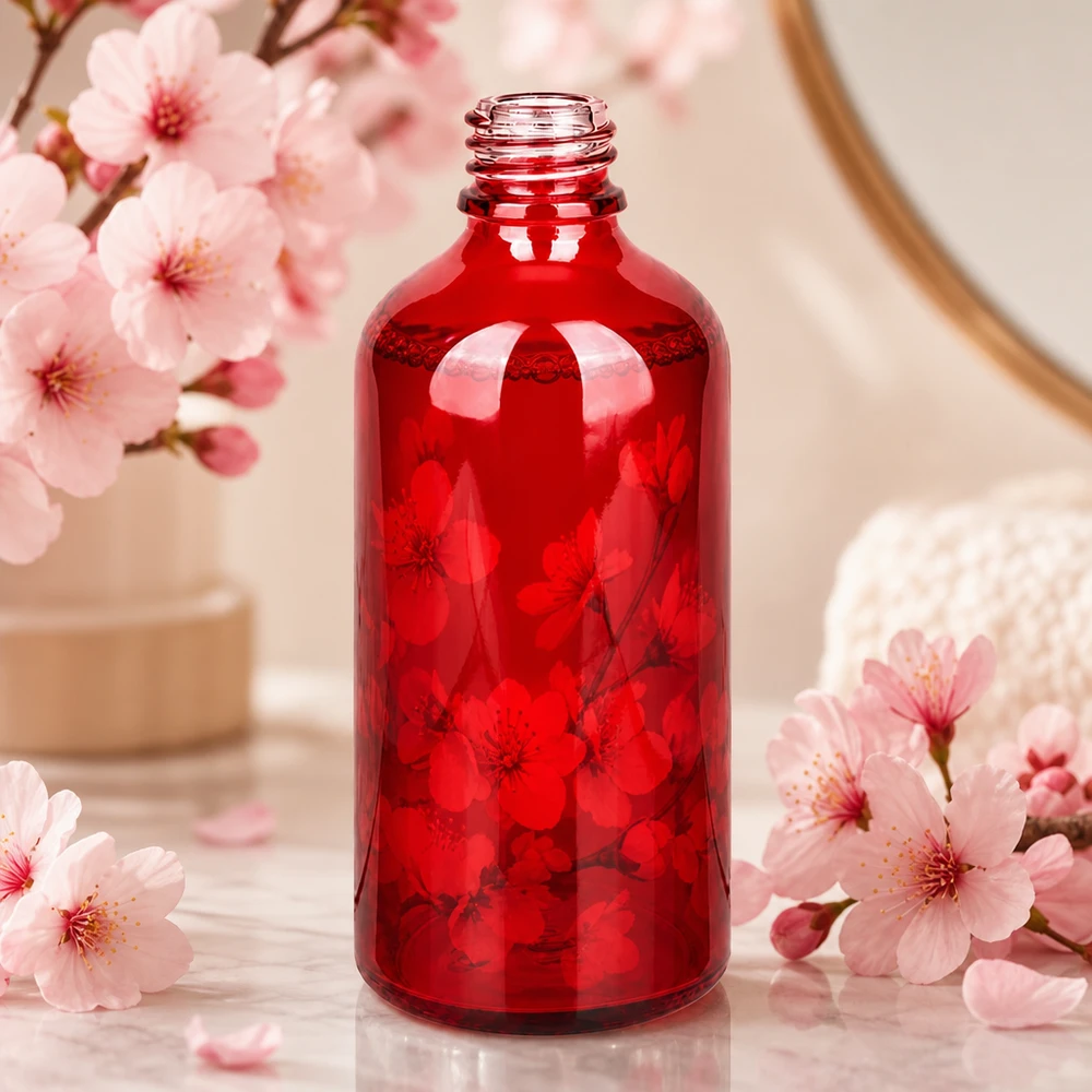 Bouteille en verre rouge RedLine de 100 ml avec un corps large et une stabilité optimale