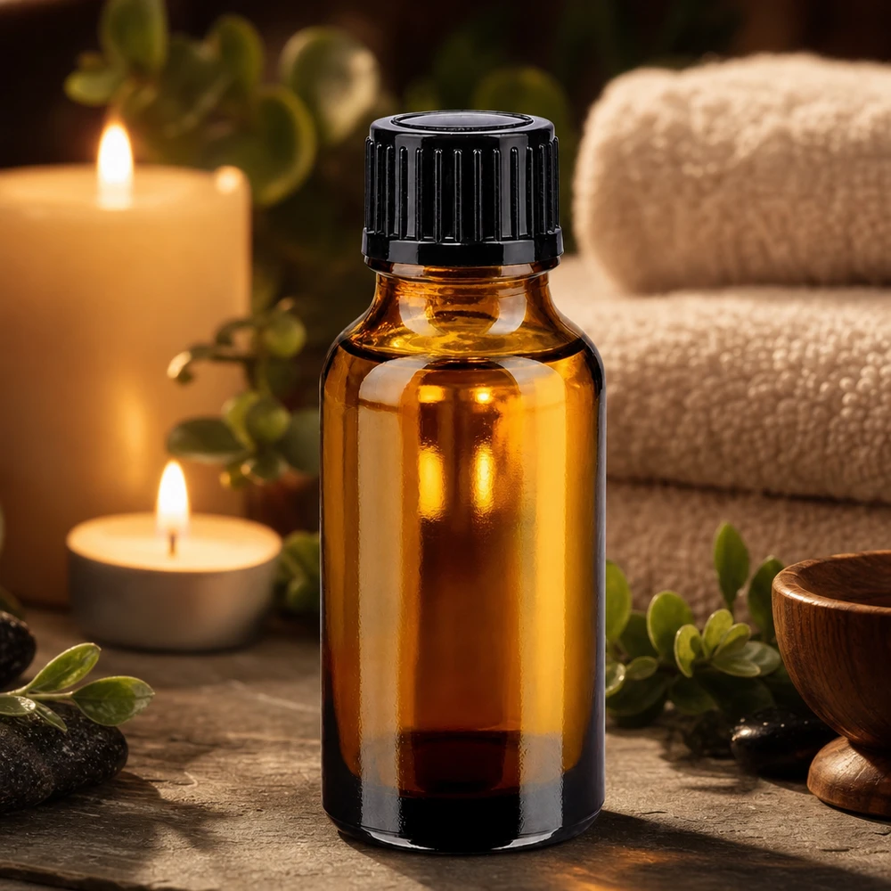 Flacon de pharmacie marron de 20 ml avec bouchon compte-gouttes noir de 11 mm, dans une ambiance spa avec des bougies