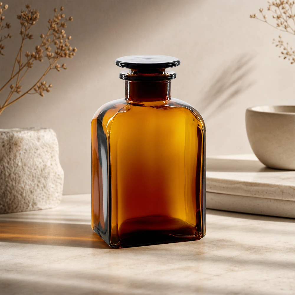 Flacon carré col large 500 ml + bouchon RIN, verre ambré Bouteille en verre ambré de 500 ml, de forme carrée, avec bouchon plat, destinée aux applications de laboratoire