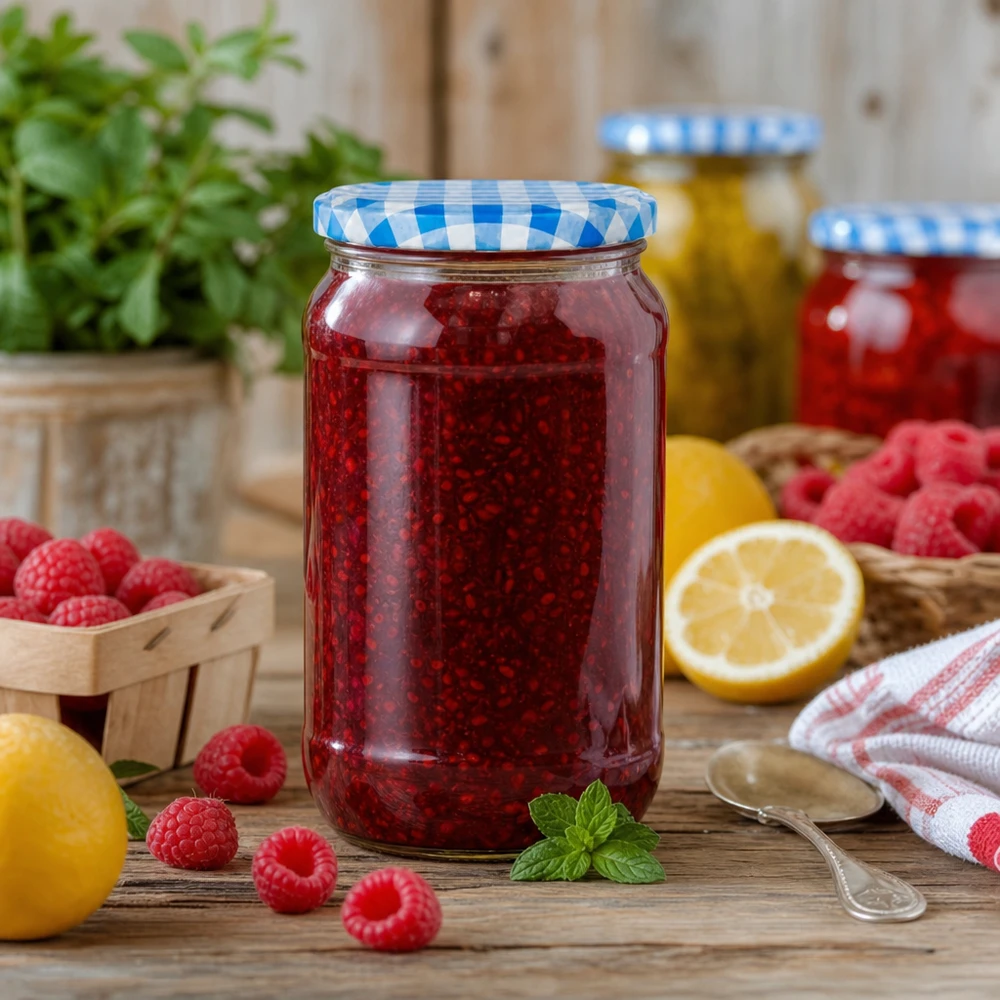 1062ml Verre rond avec couvercle BasicSeal bleu/blanc UNiTWIST Pot rond de 1062 ml rempli de confiture de framboises, couvercle BasicSeal bleu et blanc, parfait pour les confitures et les pâtes de fruits maison.