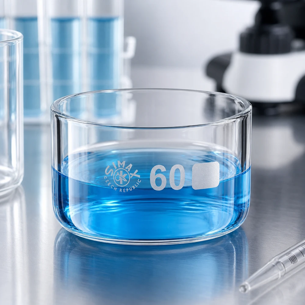 Coupelle de cristallisation de 60 ml en verre borosilicaté contenant une solution bleue, posée sur une surface en acier inoxydable dans un laboratoire