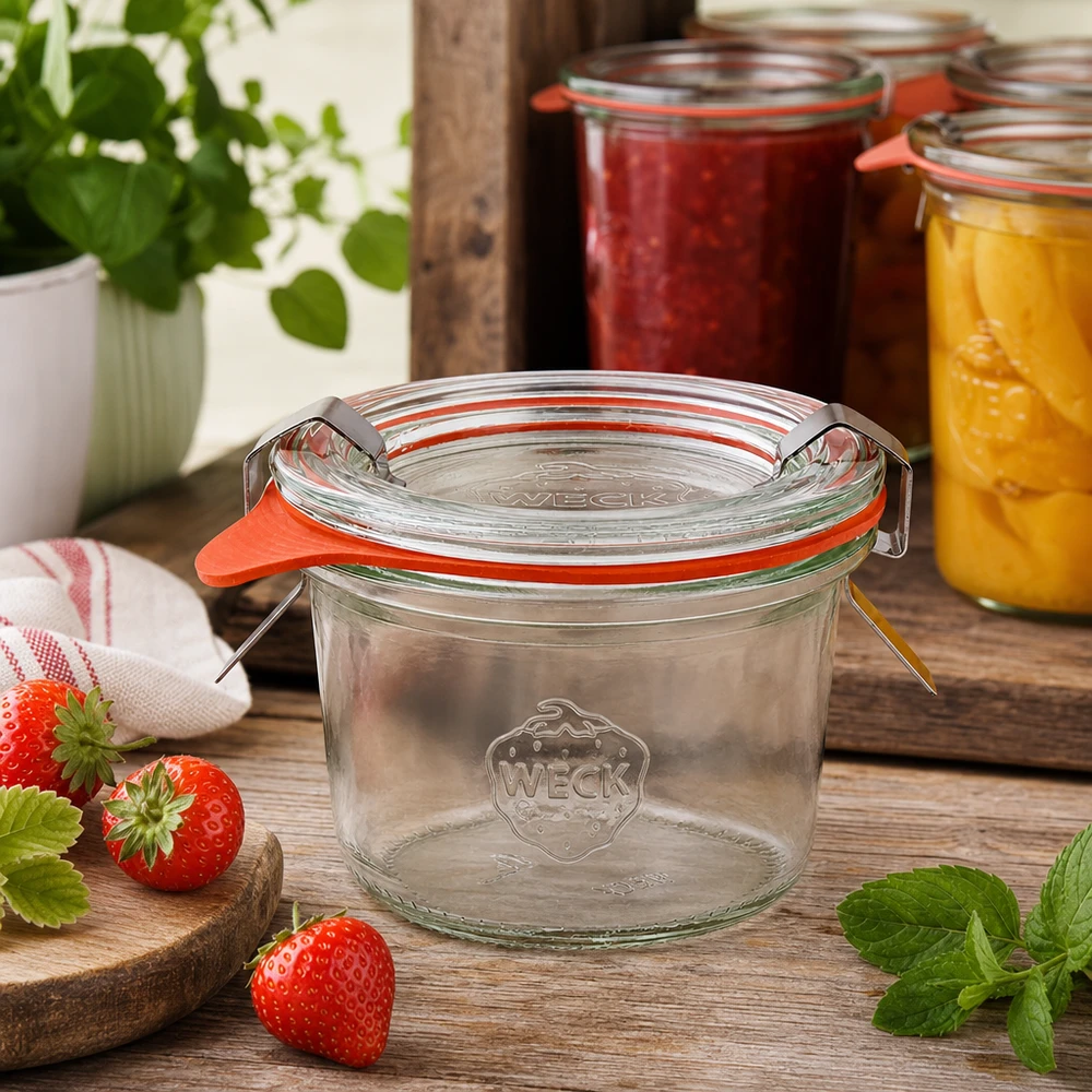 WECK Pot renversé 80ml RR60 dans une cuisine rustique avec des fraises et des bocaux avec de la confiture en arrière-plan