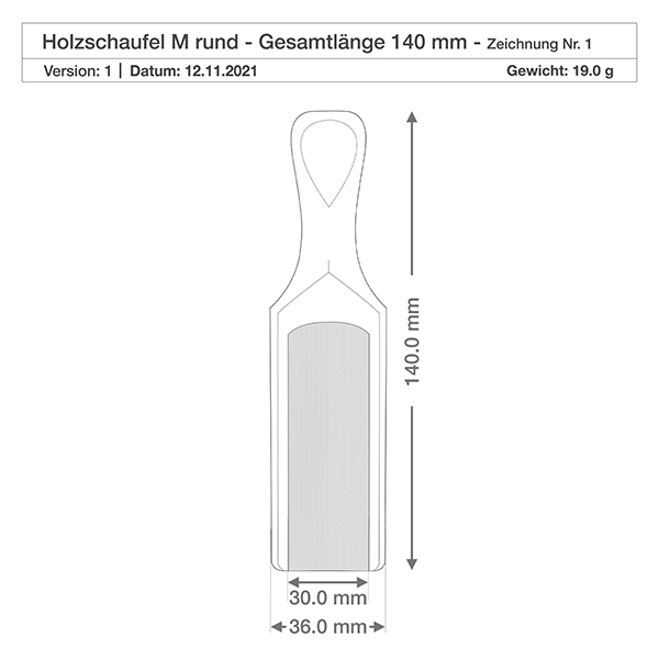 Pelle en bois taille M forme semi-circulaire - 140mm de long Dessin technique de la pelle en bois M avec les dimensions 140mm de longueur et 36mm de largeur, y compris l'indication du poids