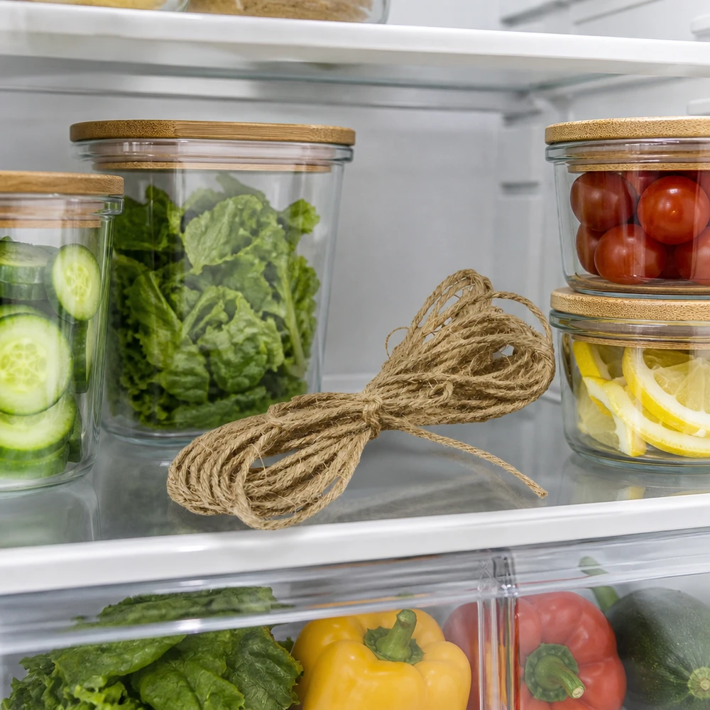 Corde naturelle en jute 300cm décorative dans le réfrigérateur à côté des bocaux de stockage avec des légumes frais comme décoration pratique