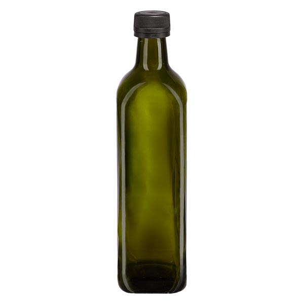 Bouteille carrée vert olive 750 ml + capsule à vis noire (PP 31,5 mm) et bague anti-gouttes avec système d'inviolabilité Bouteille carrée vert olive 750 ml + capsule à vis noire (PP 31,5 mm) et bague anti-gouttes avec système d'inviolabilité