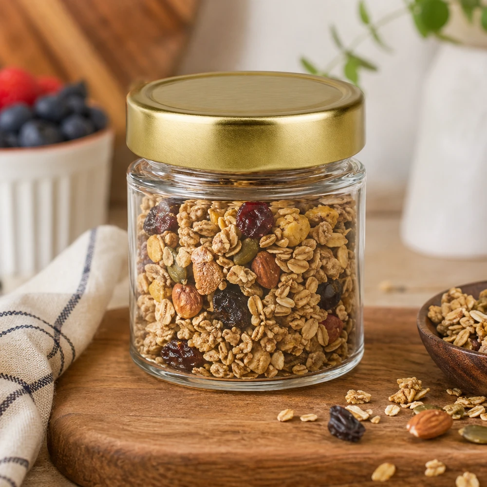 154ml Verre rond BasicSeal or rempli de mélange de noix Noix Amandes Raisins Muesli Granola Table en bois Cuisine