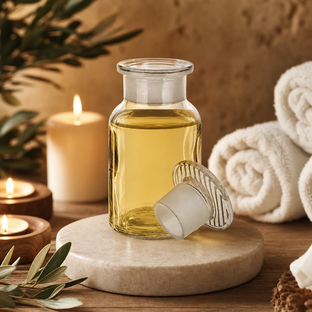 Flacon pharmaceutique 100 ml col large + bouchon verre clair Flacon à épaulements arrondis, 100 ml, transparent, avec bouchon en verre à col large, pour huiles essentielles et huiles de massage