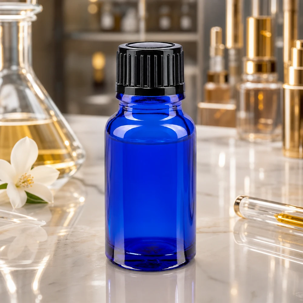Flacon de pharmacie professionnel bleu de 10 ml avec bouchon standard noir de 11 mm en verre borosilicaté