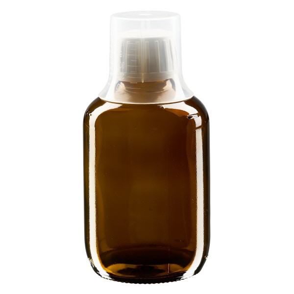 Flacon médical norme européenne de 200 ml, avec bouchon à vis blanc et gobelet doseur de 30 ml Flacon médical norme européenne de 200 ml, avec bouchon à vis blanc et gobelet doseur de 30 ml