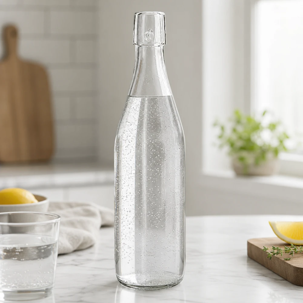 Bouteille en verre de 500 ml sans bouchon mécanique UNiTWIST Bouteille en verre de 500ml UNiTWIST remplie d'eau gazeuse sur un comptoir en marbre dans une cuisine blanche moderne avec du citron