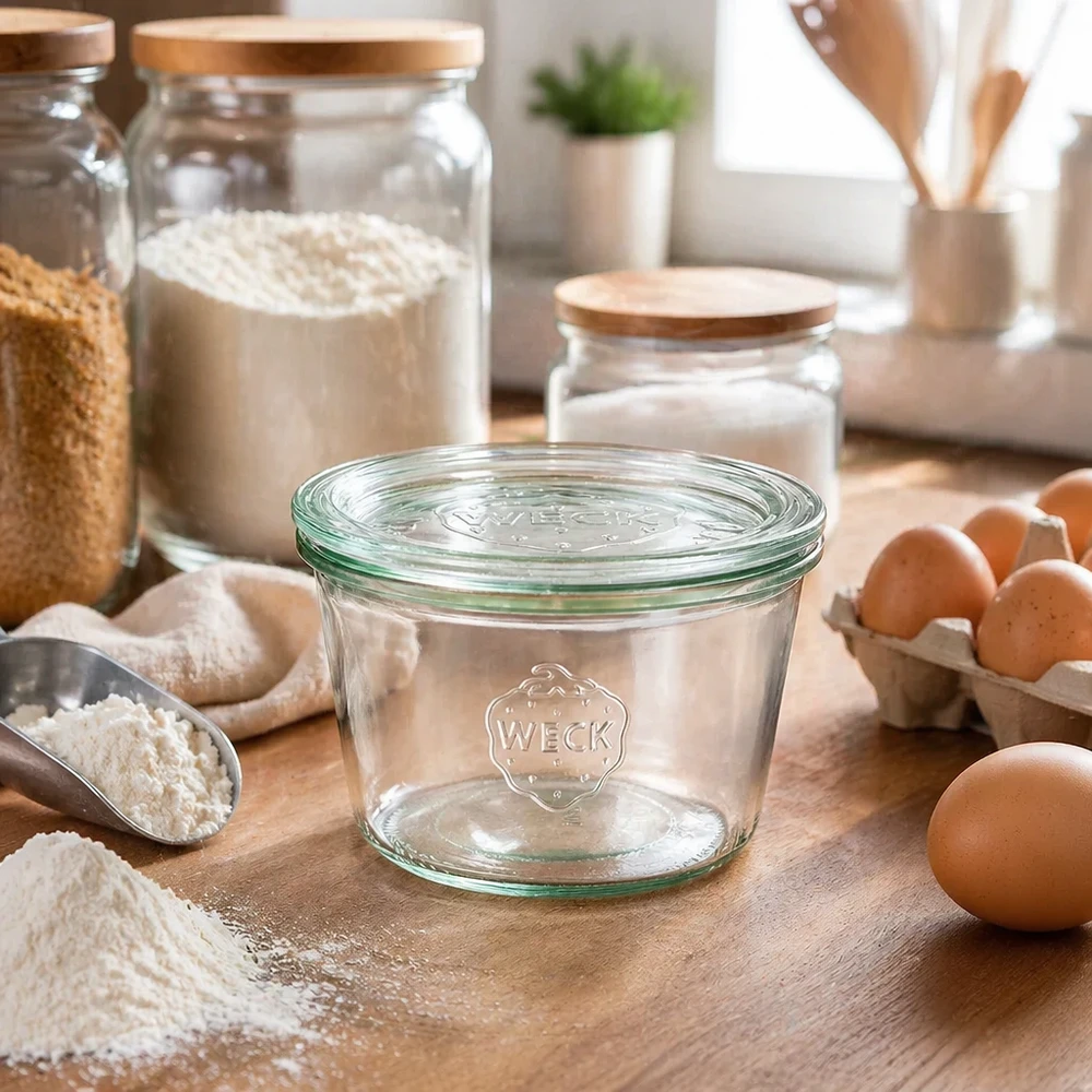 WECK Verre renversé 370ml RR100 en ambiance de cuisine avec farine oeufs et ingrédients pour la cuisine et la pâtisserie