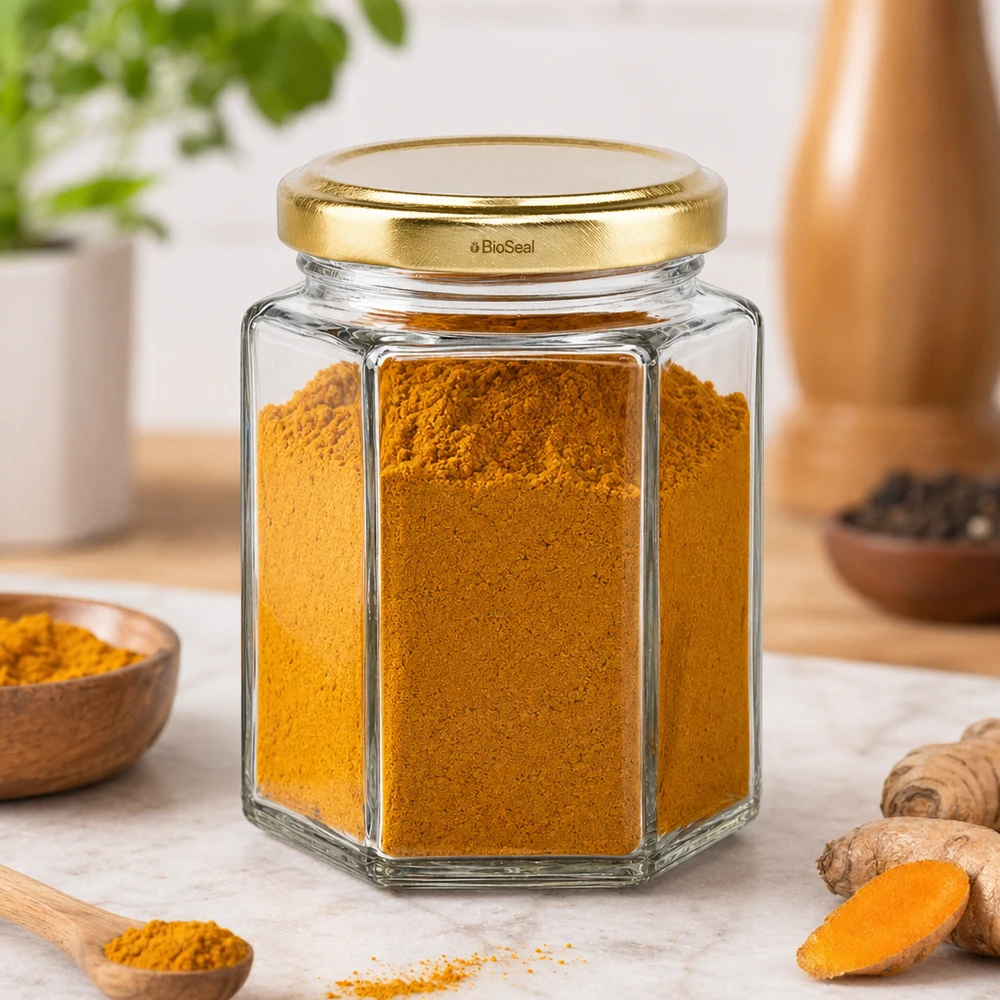 Verre Hexa196 avec couvercle TO58 BioSeal doré rempli de poudre de curcuma dans une scène de cuisine avec du gingembre