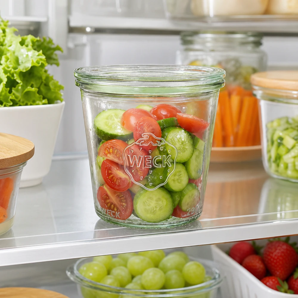 WECK Pot renversé 290ml RR80 au réfrigérateur rempli de salade de concombres et de tomates fraîche comme solution pratique de Meal Prep