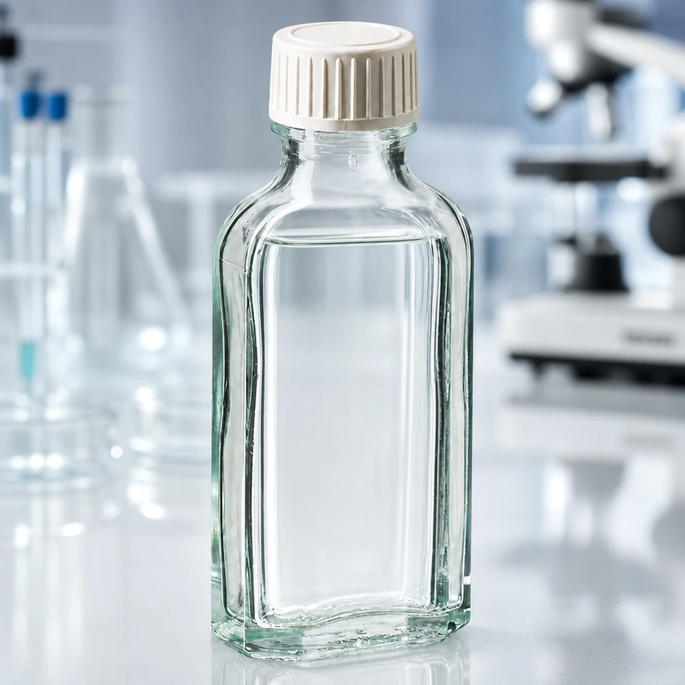 Bouteille en verre à fond plat « Meplat » de 50 ml, munie d'un bouchon à vis blanc strié, posée sur un plan de travail de laboratoire blanc