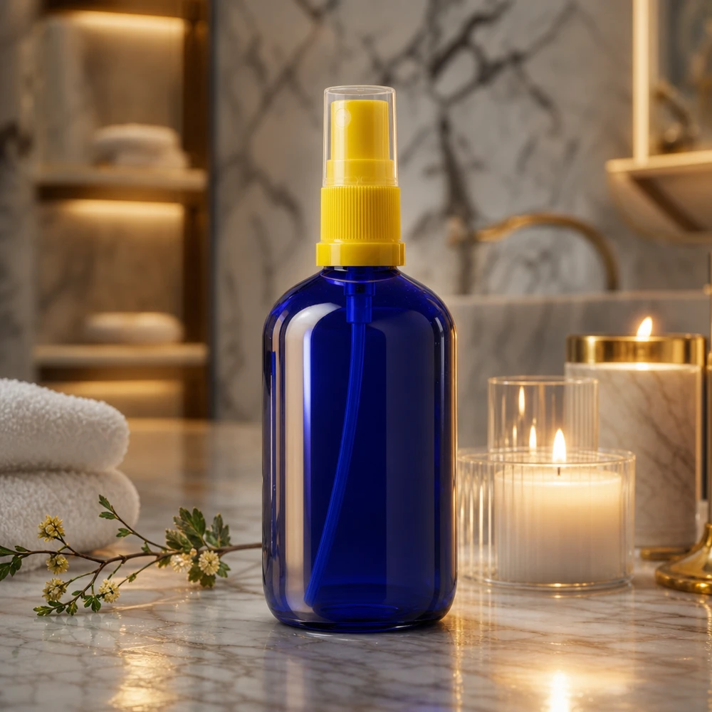 Flacon en verre STD bleu de 100 ml muni d'un vaporisateur jaune, à côté de bougies dans une salle de bains élégante