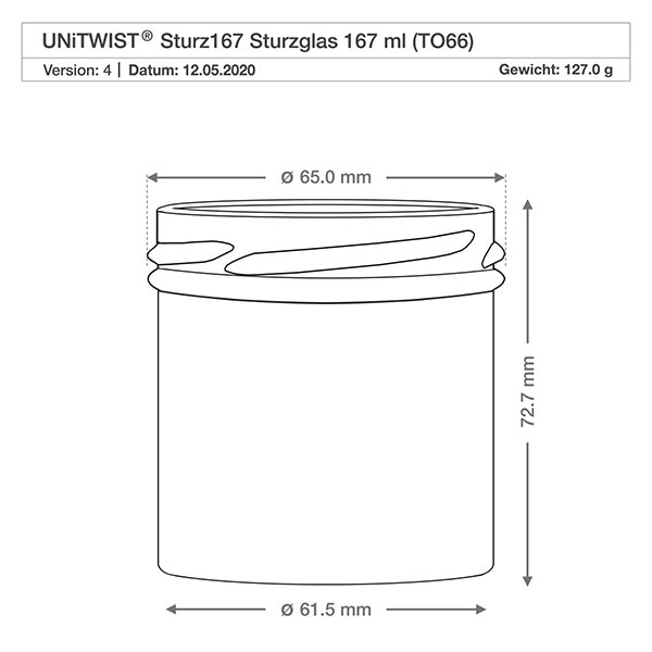 167ml Verre conique sans couvercle (TO66) UNiTWIST UNiTWIST Sturz167 Verre renversé 167ml TO66 dessin technique avec dimensions diamètre 65mm hauteur 72,7mm poids 127g
