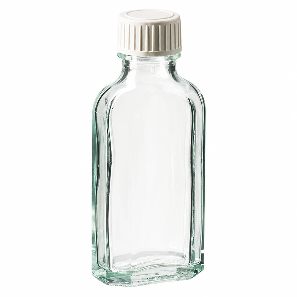 Flacon en verre Meplat transparent de 50 ml, muni d'un bouchon à vis blanc et d'un insert en mousse PE