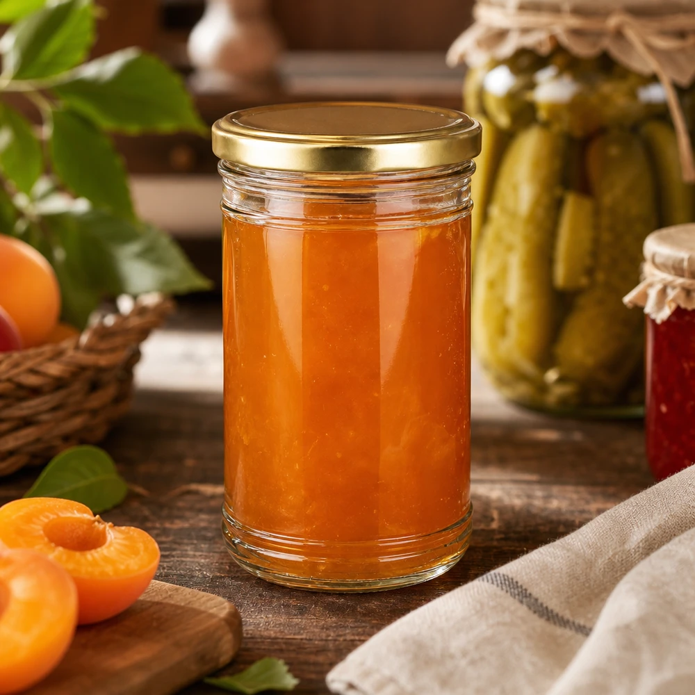 Confiture d'abricots maison en pot renversé de 1053 ml avec couvercle doré dans cuisine rustique avec bocaux