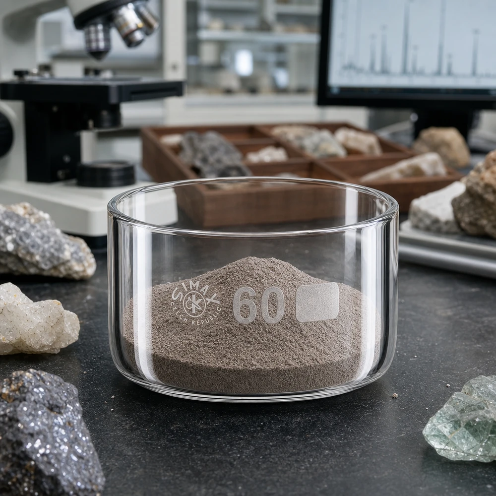 Coupelle de cristallisation de 60 ml contenant une fine poudre minérale, posée sur un plan de travail de laboratoire sombre et entourée d'échantillons de roches