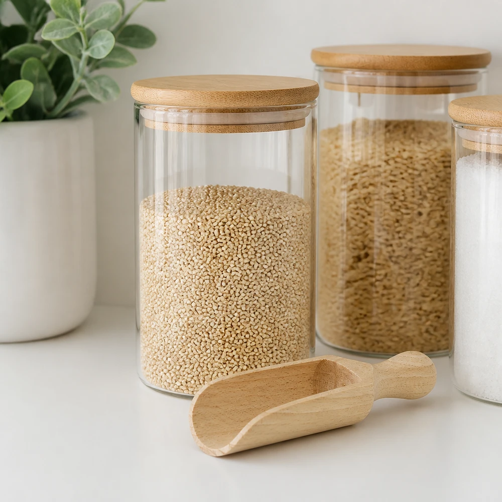 Holzschaufel M 14cm mit Vorratsgläsern und Quinoa in moderner Küche - praktisches Küchenhelfer-Styling
