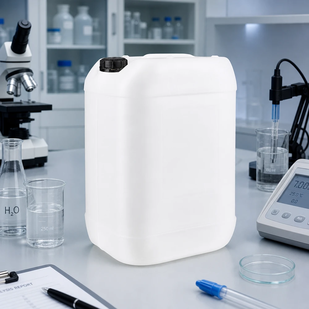 Bidon rectangulaire de 25 litres muni d'un bouchon à vis noir, utilisé dans un environnement de laboratoire professionnel