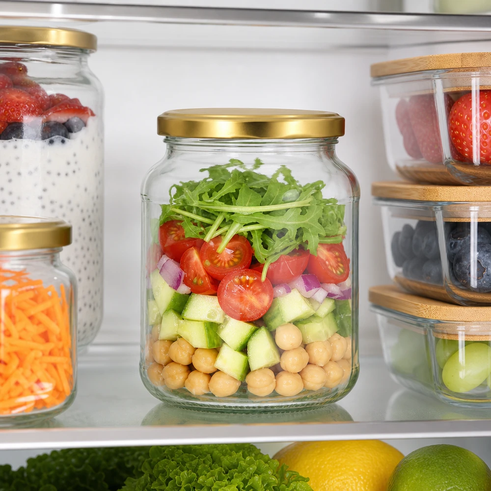 370ml Bocal ovale BasicSeal couvercle doré dans le réfrigérateur avec salade stratifiée - UNiTWIST Bocal de conservation pour Meal Prep