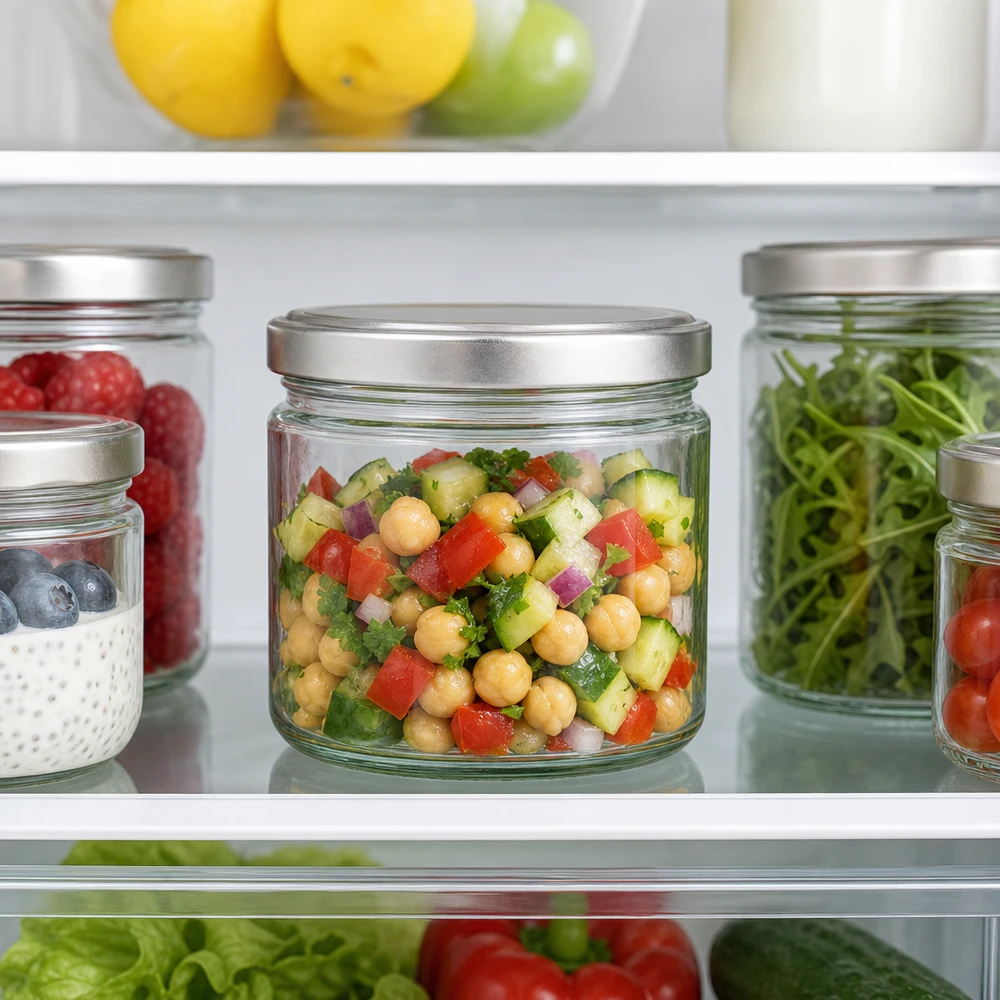 330ml Verre rond avec couvercle BasicSeal argent UNiTWIST Bocal rond de 330 ml avec couvercle BasicSeal au réfrigérateur rempli de salade de pois chiches à côté d'autres bocaux de stockage