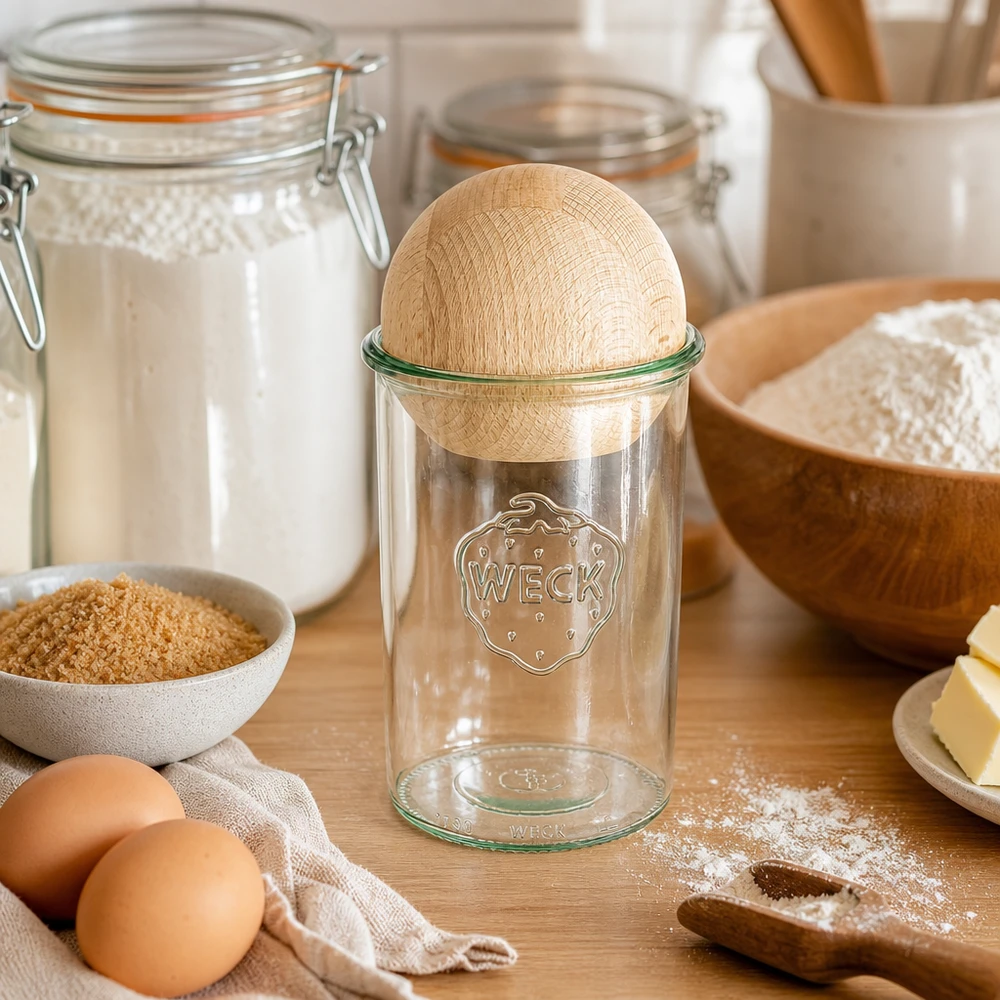 1000ml bocal conique WECK RR100 avec boule en bois en hêtre WECK Pot renversé 1000ml RR100 avec couvercle en forme de boule de hêtre dans un décor d'ingrédients de boulangerie avec farine, œufs et bocaux de conservation
