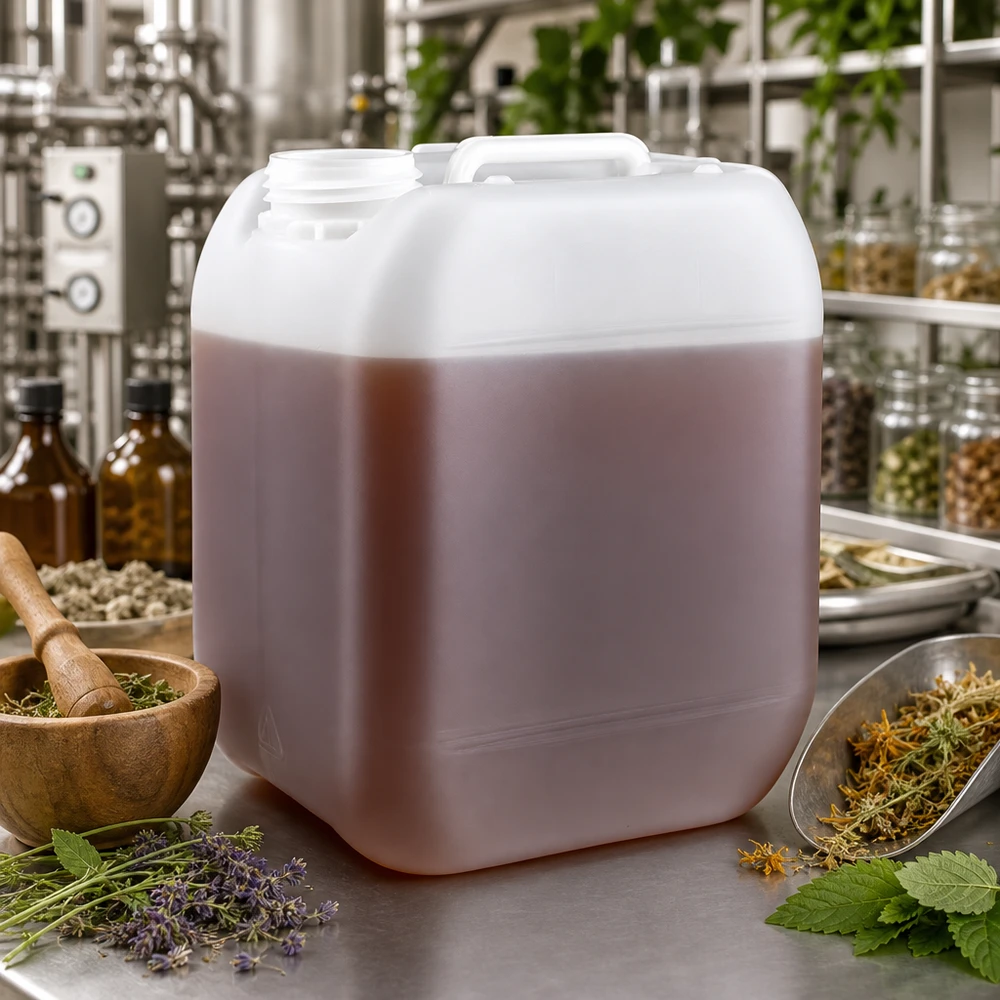 Bidon de 5 litres sans bouchon contenant un liquide brun à base de plantes, utilisé dans la fabrication de cosmétiques naturels