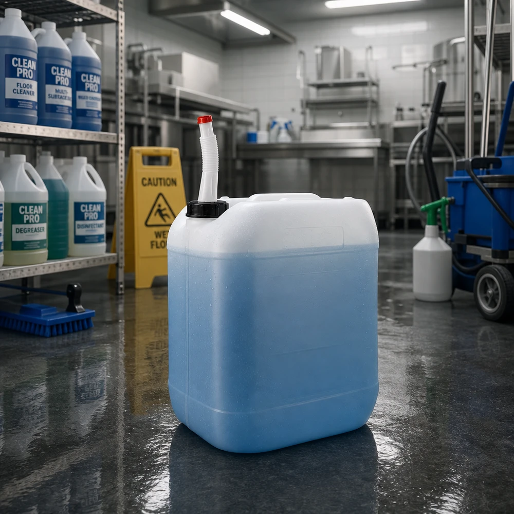 Bidon 20 litres avec tuyau d'écoulement Flex Bidon bleu de 20 litres avec bec verseur flexible dans une cuisine professionnelle