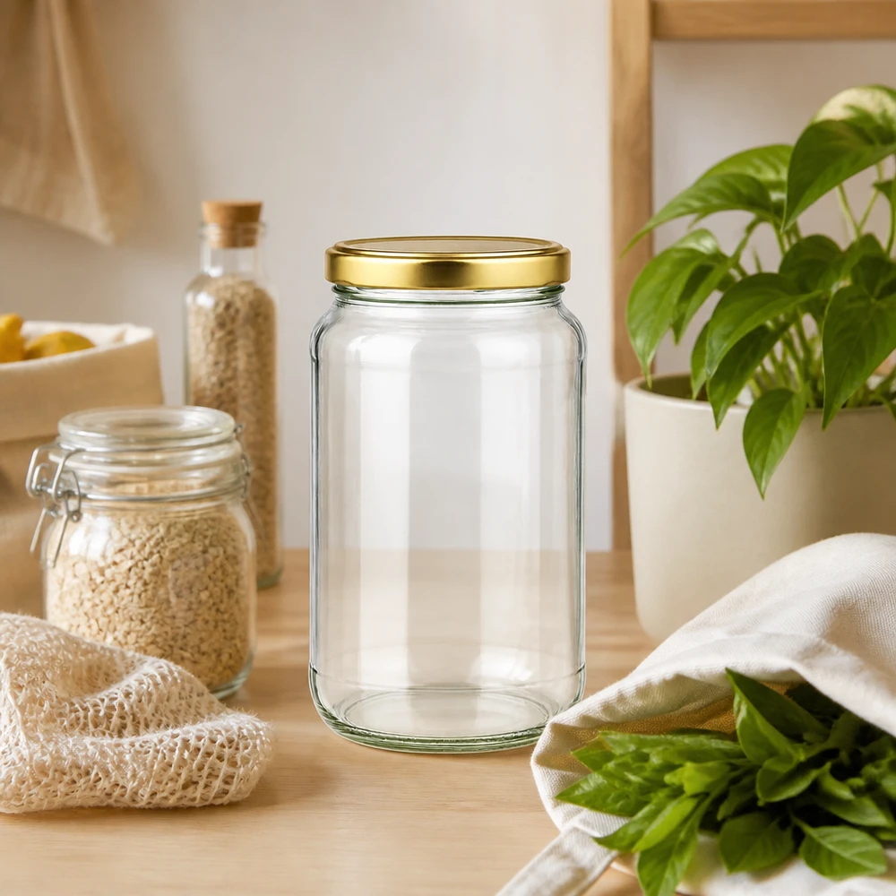 1700ml Verre rond avec couvercle BasicSeal or UNiTWIST 1700ml Rundglas BasicSeal gold in nachhaltiger Zero-Waste Küche mit Vorratsgläsern und frischen Kräutern