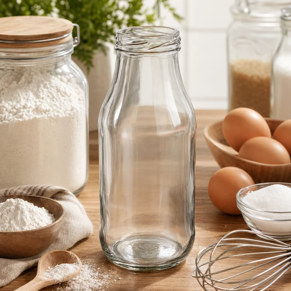 263ml Bouteille sans bouchon (TO43) UNiTWIST Bouteille en verre vide UNiTWIST 263ml TO43 sur table en bois avec ingrédients de boulangerie farine œufs et ustensiles de cuisine