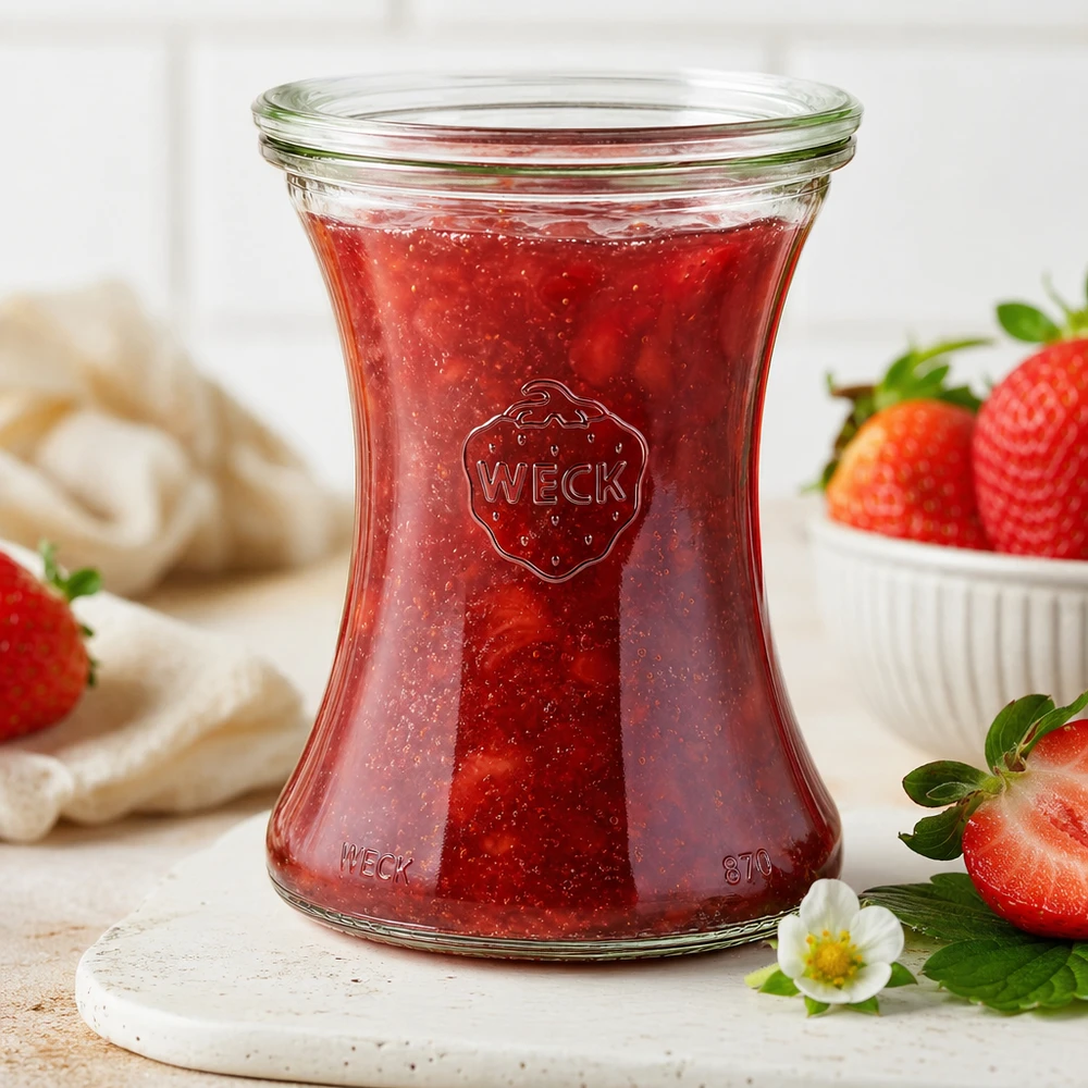 WECK Pot de délicatesse 370ml RR80 avec confiture de fraises maison sur une planche en marbre entourée de fraises fraîches