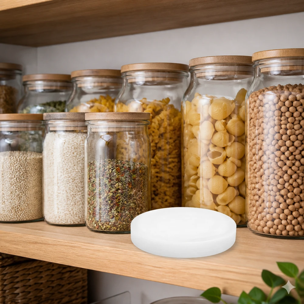 Couvercle en silicone blanc UNiTWIST RR80 devant les bocaux à provisions WECK contenant des pâtes des légumes secs des épices dans la cantine de cuisine