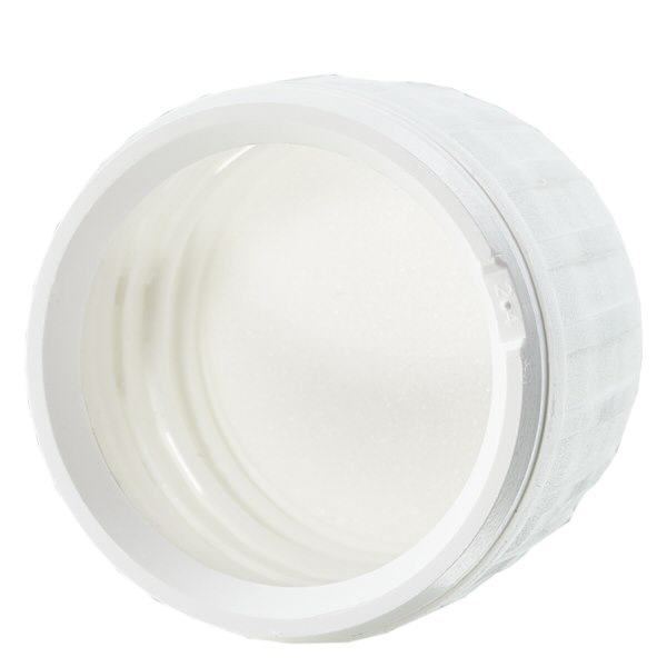 Fermeture à vis avec garantie de fermeture (OV) DIN 28 blanc en PP avec plaque d'étanchéité EPE Fermeture à vis avec garantie de fermeture (OV) DIN 28 blanc en PP avec plaque d'étanchéité EPE