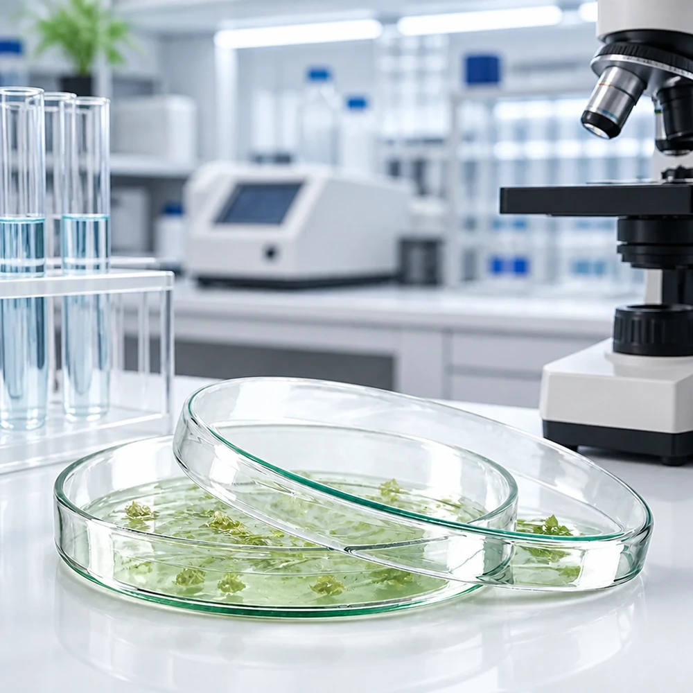 Boîtes de Pétri en verre de 120 x 20 mm contenant des cultures de plantes vertes en solution nutritive, à côté d'un microscope dans un laboratoire