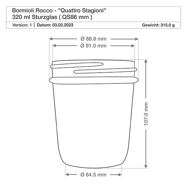 Dessin technique Bormioli Rocco Quattro Stagioni 320ml pot de conserve avec dimensions et spécifications Détails du produit