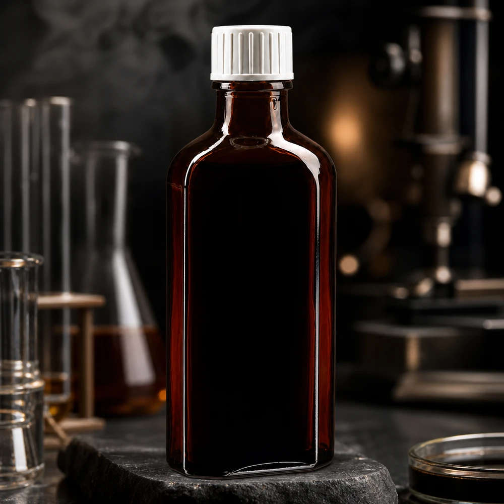 Flasque brune de 100 ml au goulot DIN 22, avec bouchon à vis DIN 22 blanc et bague anti-gouttes Flacon de pharmacie opaque de 100 ml, Meplat, marron, avec bouchon à vis à l'épreuve des enfants et anneau verseur