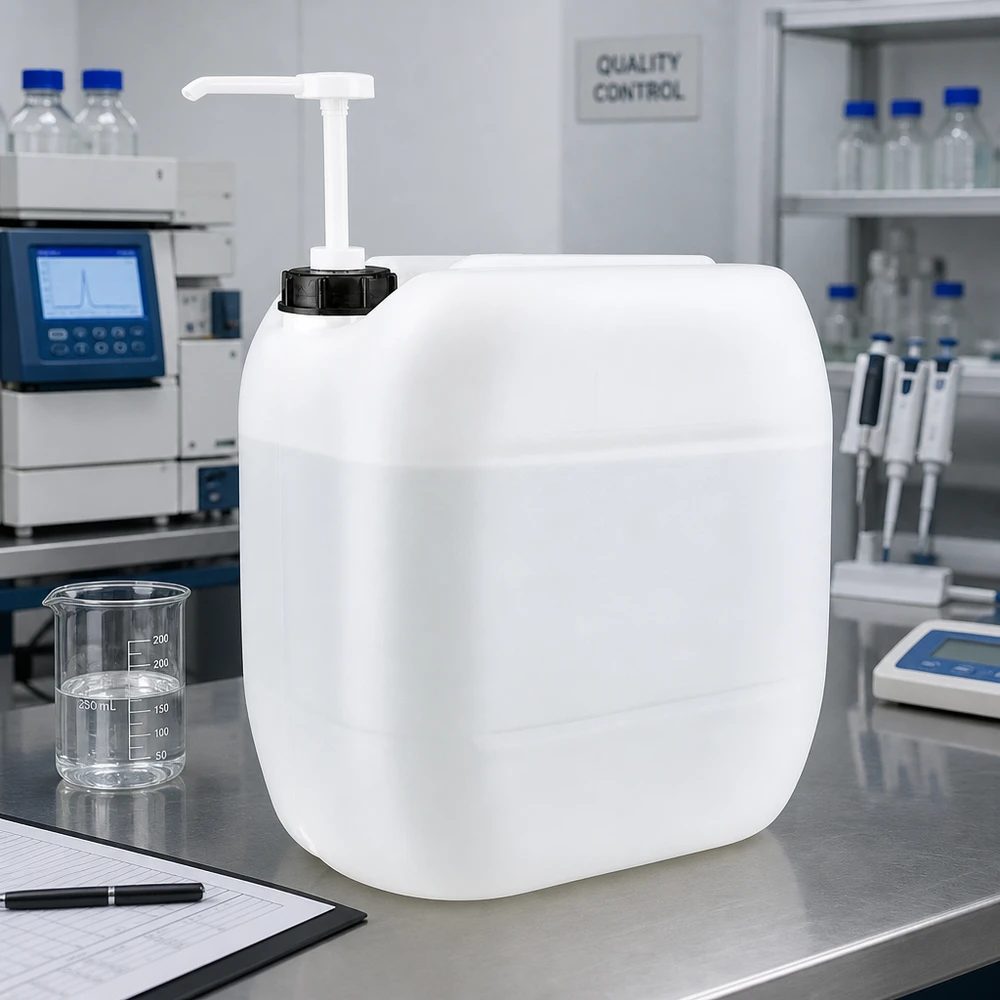 Jerrican de 30 litres avec pompe doseuse Un bidon de 30 litres muni d'une pompe doseuse à côté d'un bécher de 250 ml dans le laboratoire de contrôle qualité