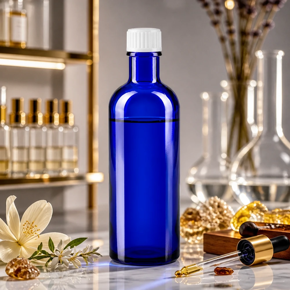 Flacon de pharmacie bleu 200ml bouchon vissable blanc standart Flacon de pharmacie bleu cobalt de 200 ml avec bouchon à vis blanc, destiné aux applications de laboratoire