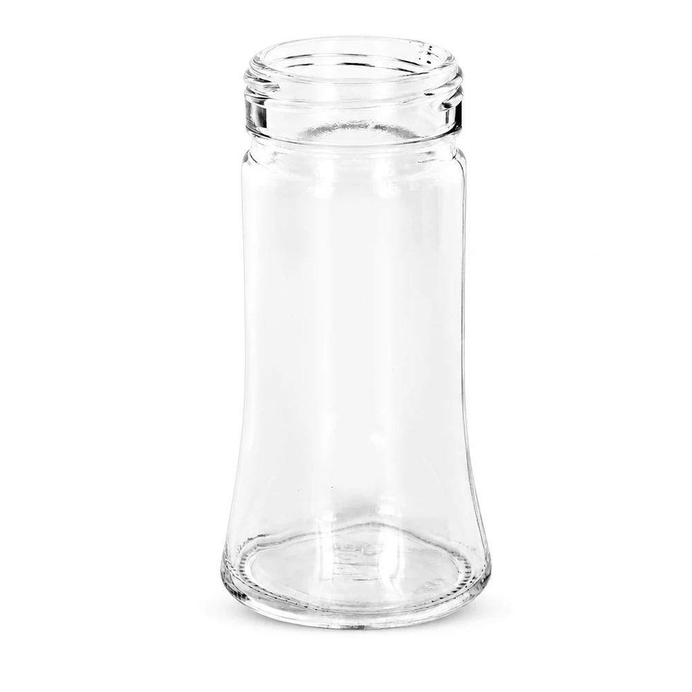 Pot à épices de forme trapézoïdale 95 ml avec filetage 41 mm, en verre clair sans couvercle Pot à épices vide Bobby 95 ml en verre transparent avec bouchon à vis de 41 mm