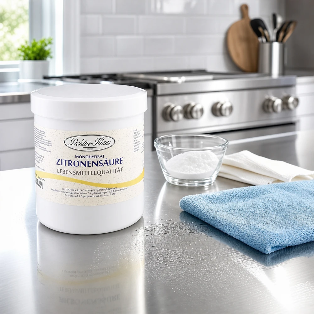 Acide citrique Doktor-Klaus 500g dans une boîte de stockage pratique sur un plan de travail de cuisine moderne