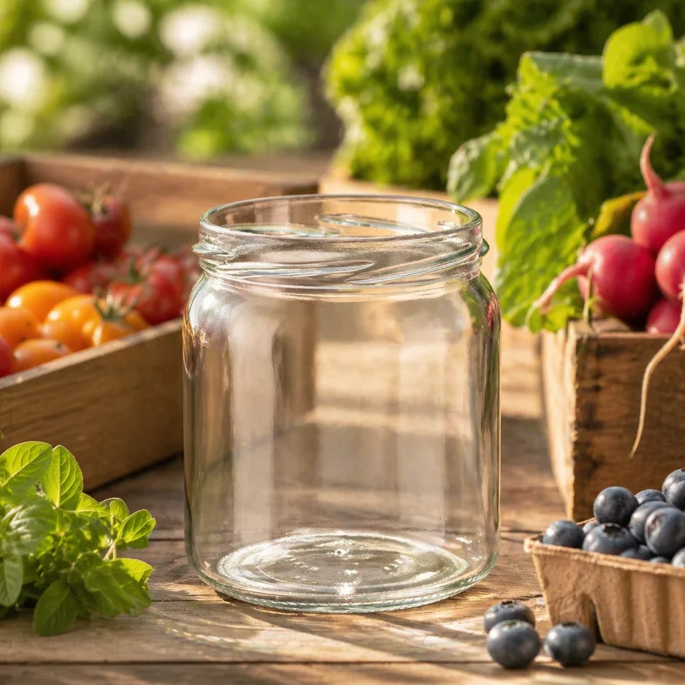 408ml Verre rond sans couvercle (TO82) UNiTWIST UNiTWIST Runda408 408ml Pot de conservation dans une cuisine rustique avec des légumes et des fruits frais pour la conservation